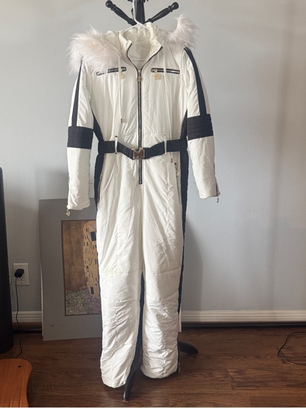 White Faux Fur Hood Ski One-Piece Jumpsuit